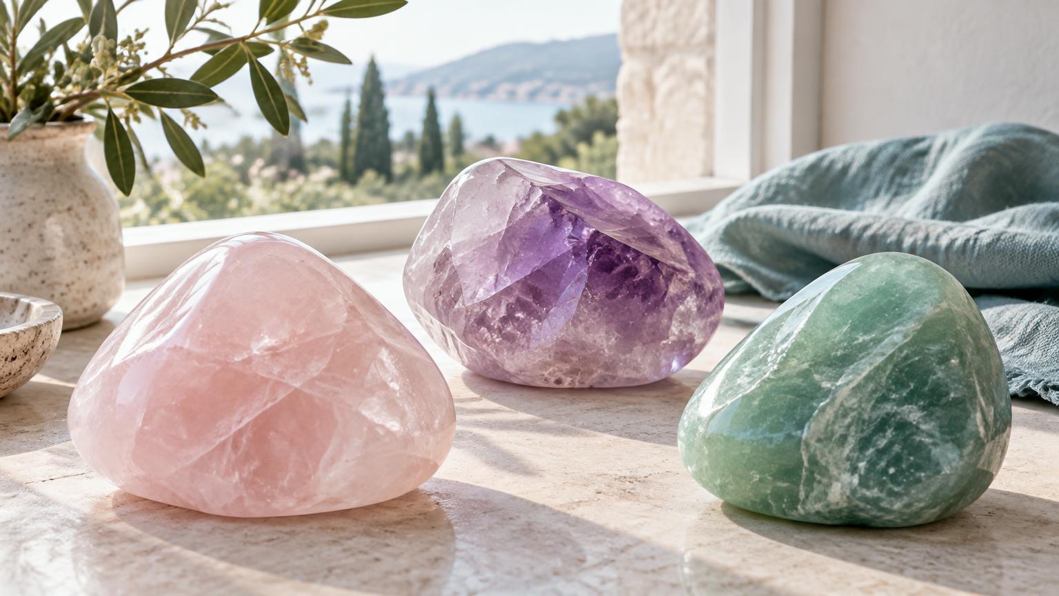 Trois grands galets de quartz rose, améthyste et aventurine verte posés séparément
