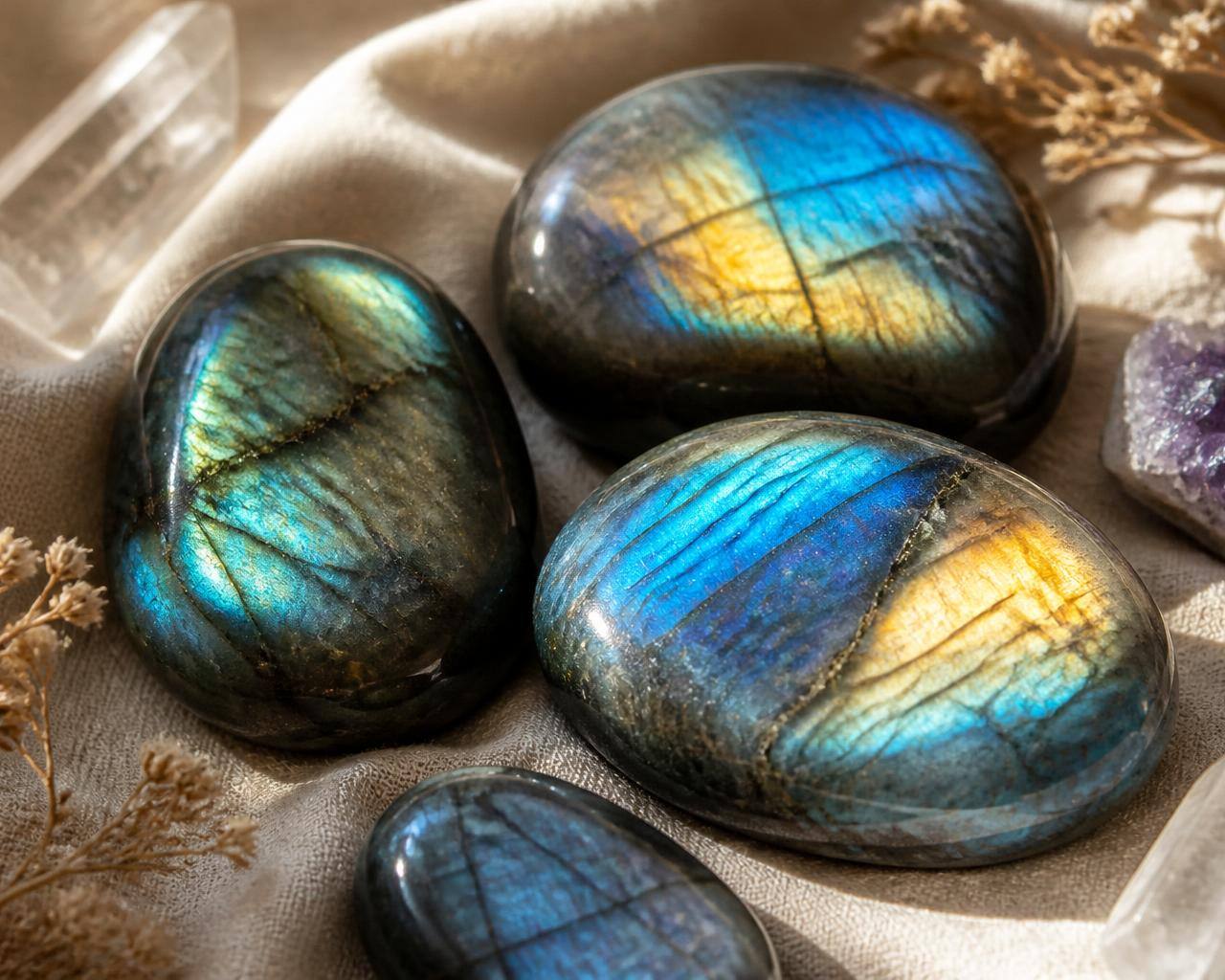 Pierres de labradorite polies aux reflets bleus et dorés posées sur un tissu de lin