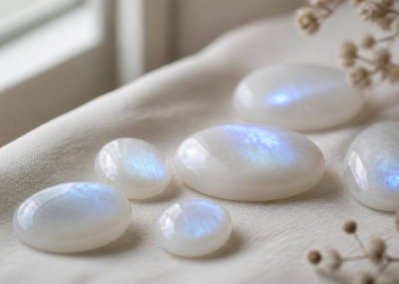 Pierres de lune polies aux reflets bleutés posées sur un tissu de lin clair