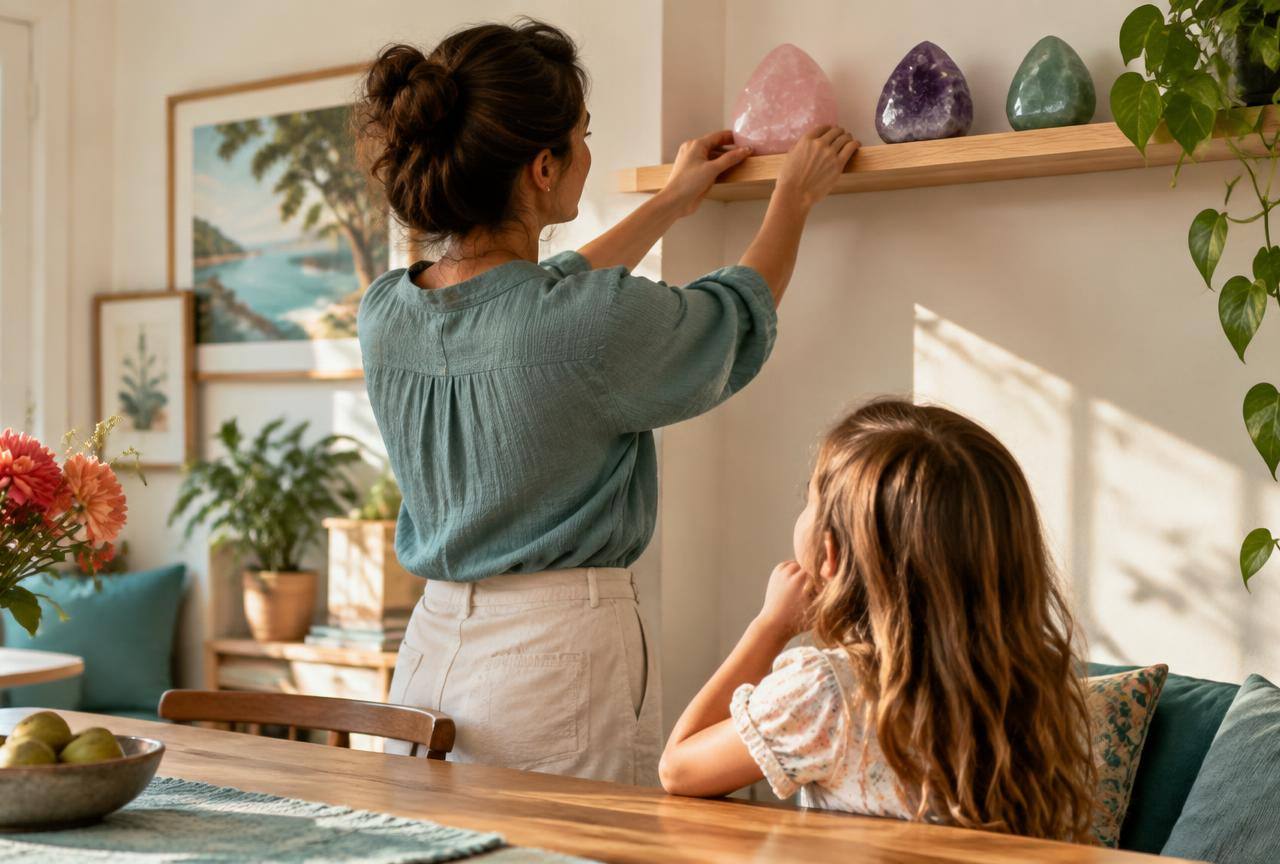 Un parent range de grandes pierres polies sur une étagère haute devant son enfant